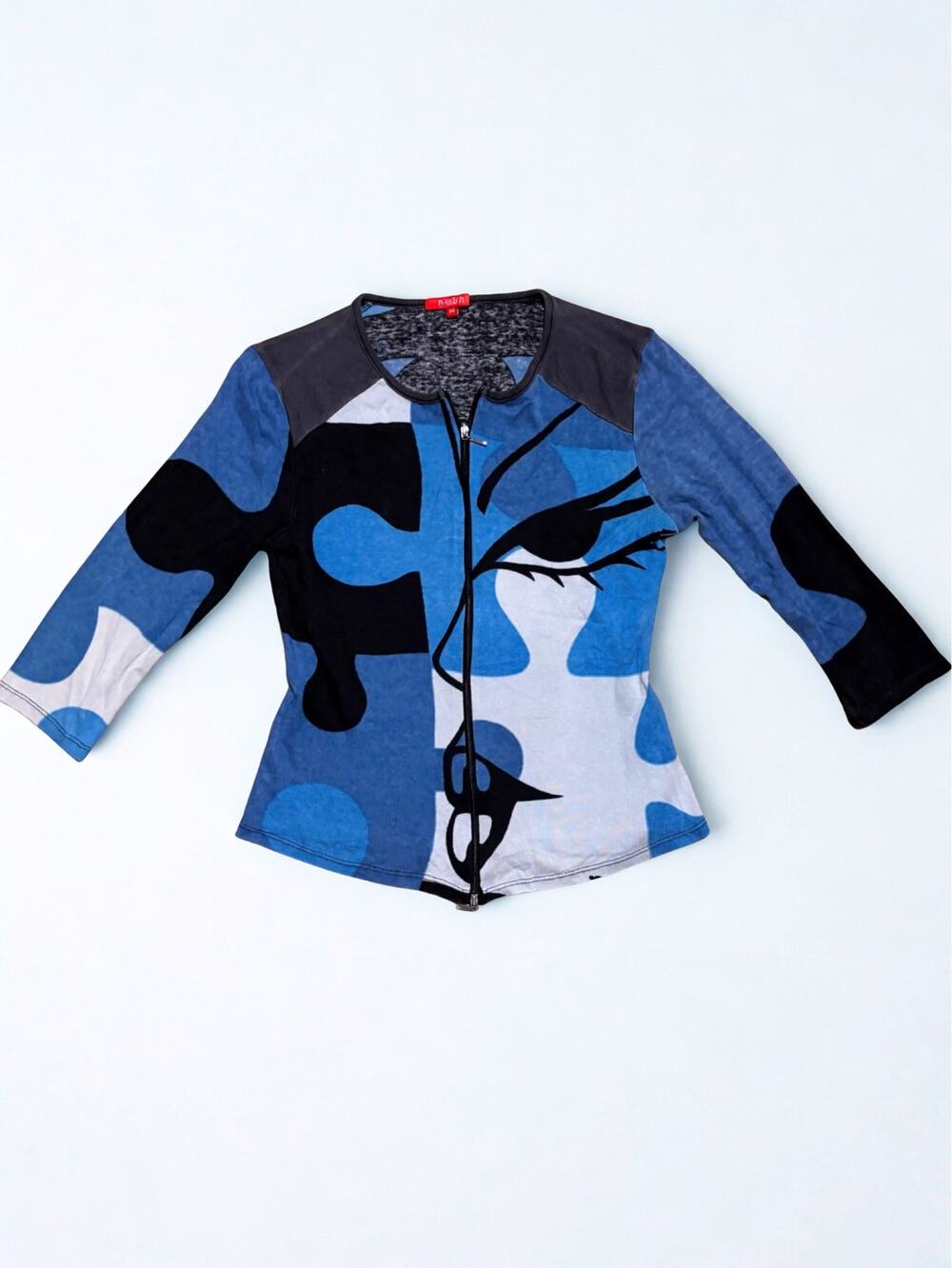 Vtg Y2K Noun Paris Blue Black Face Graphic Puzzle Print Zip Up 3/4 Sleeve Top
